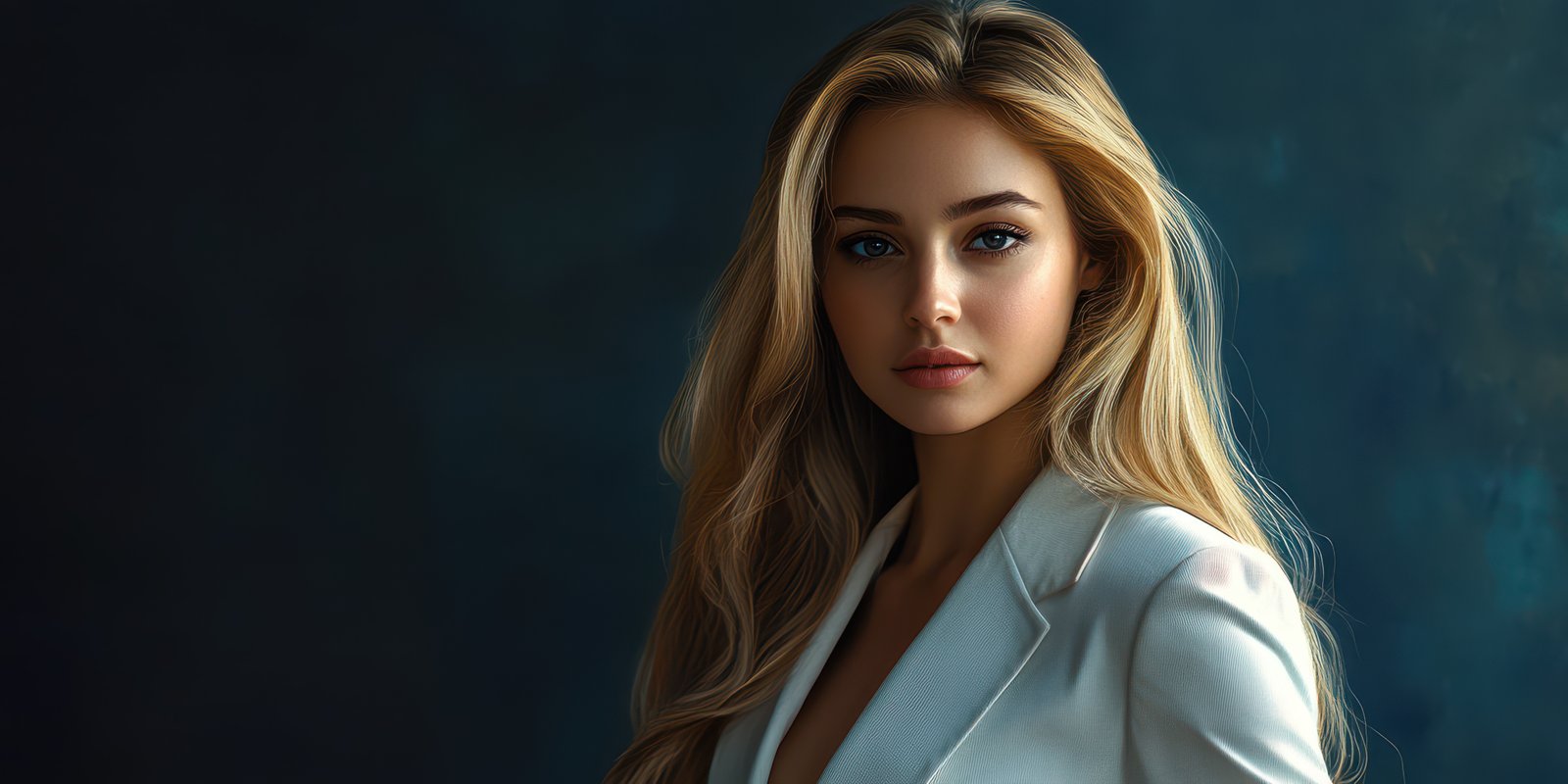 Elegant woman with long hair poses confidently in a stylish suit against a dark backdrop